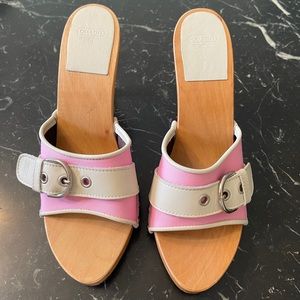 Pink & White Coach Pink Canvas and Leather Wooden Heels